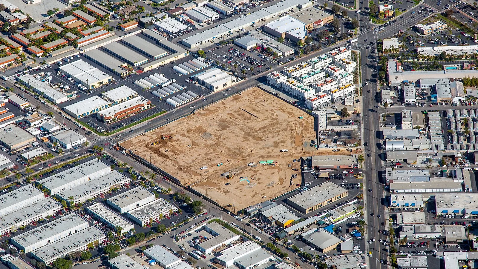 Aerial view of commercial rooftops in Costa Mesa, California